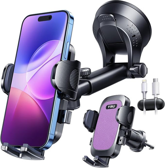 YRU True Military-Grade [360° Rotation Suction] 2026 Ultimate Car Phone Holder Mount【90+LBS Safest Strongest & Patent Certs】 Dash Windshield for iPhone 17 16 Pro Max Speakerphones, Purple