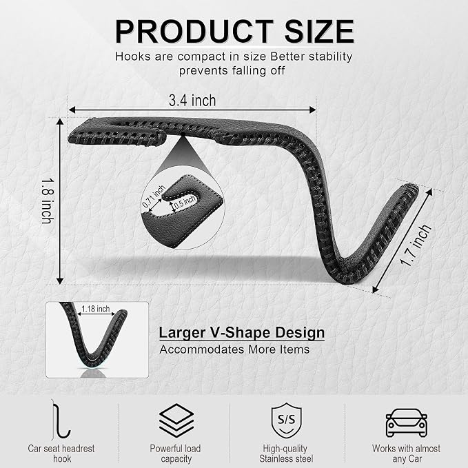 LivTee Headrest Hook for Car, Back Seat Organizer Black Leather Hanger Holder Hook, Interior Car Accessories for Hanging Purses Bags Coats, 4 Pack