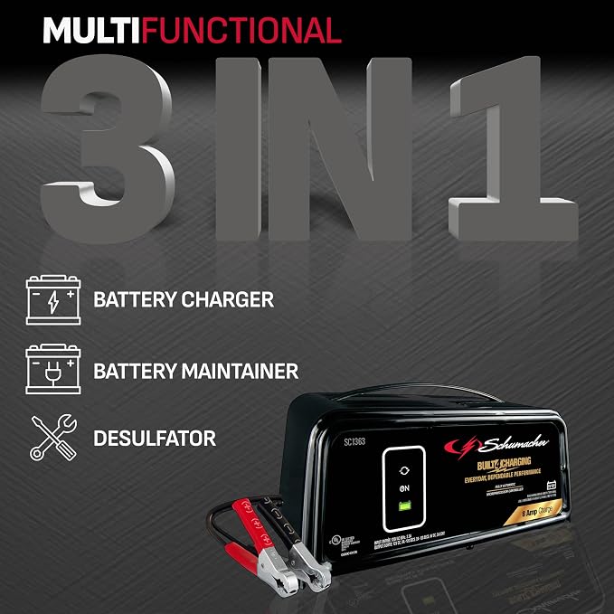 Schumacher Electric 8A Car Battery Charger and Maintainer, 3-in-1 Solution, for 6V/12V Power Sport, Automotive, and Marine Batteries, SC1363 (Pack of 2)