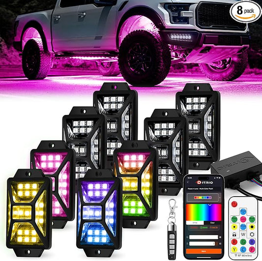 8 Pods Five Sided RGB Rock Lights for Trucks UTV SUV ATV Golf Cart, Multi Chasing Color App/2 Remote Control Led Rock Lights with Music Mode, Waterproof Exterior Underglow Kits for Cars(Patented)