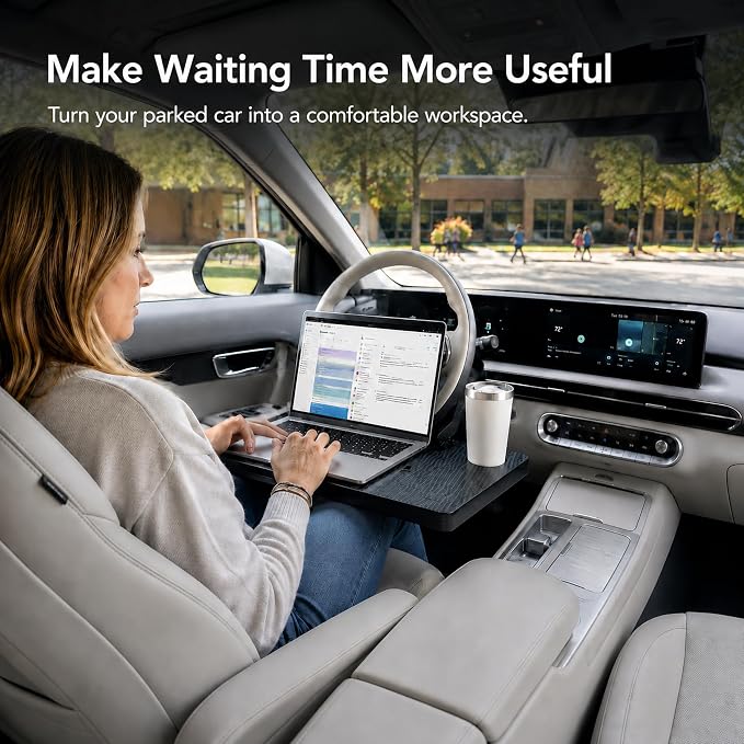 2-in-1 Steering Wheel Tray and Car Laptop Desk with Seat Gap Organizer | Carbon fiber look for working, eating or tablet use, fits standard round steering wheels,use only while safely parked