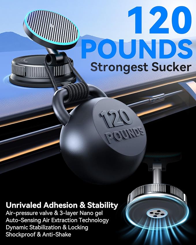 15W MagSafe Car Mount Charger, Magnetic Wireless Car Charger with Vacuum Suction Cup & Nano Adhesive Base, 360° Rotatable Strong Hold Car Phone Mount for iPhone 17 16 15 14 13 12 Series, Samsung S26