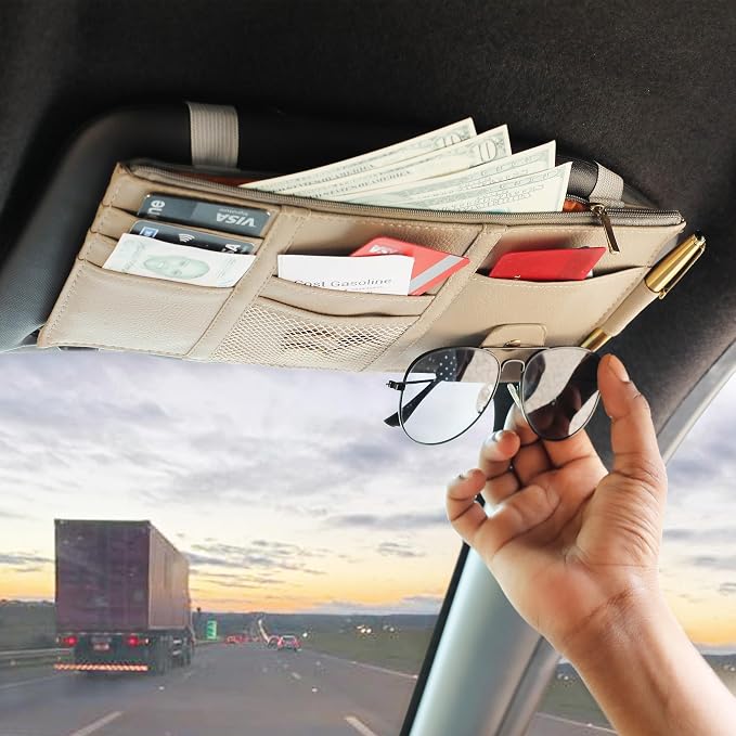 EcoNour Car Sun Visor Organizer (Beige) | Multi-Pocket Net Zipper Case for Cash, Card, Pen & Sunglass | Visor Organizer Storage Pouch | Interior Accessories with Pocket for Car & Truck | Small