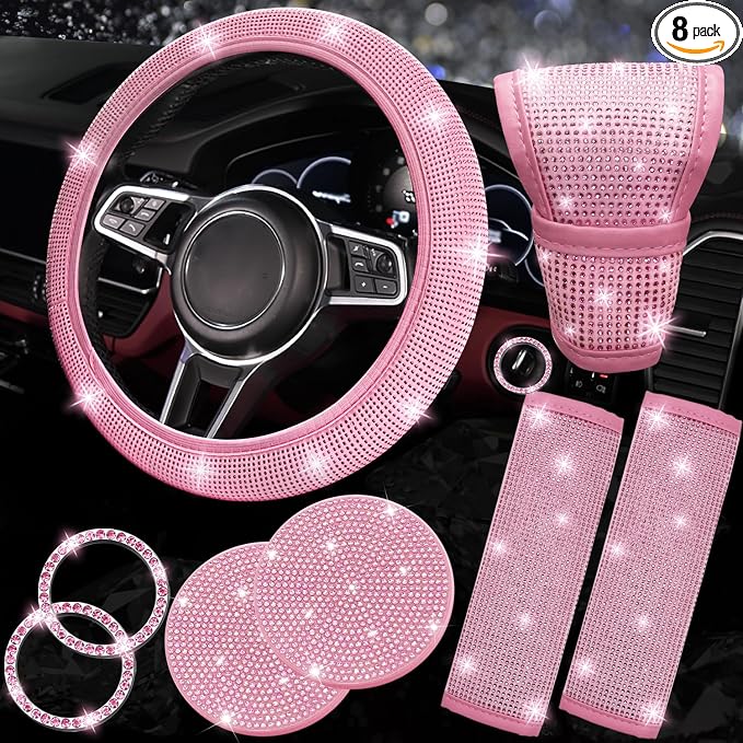 NBTEPEM 8 pcs Pink Bling Car Accessories Set for Women, Steering Wheel Cover, Sparkly Seat Belt Covers, Bling Gear Shift Cover, Universal Fit Most Cars (All Pink Diamond)