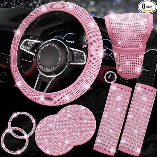 NBTEPEM 8 pcs Pink Bling Car Accessories Set for Women, Steering Wheel Cover, Sparkly Seat Belt Covers, Bling Gear Shift Cover, Universal Fit Most Cars (All Pink Diamond)