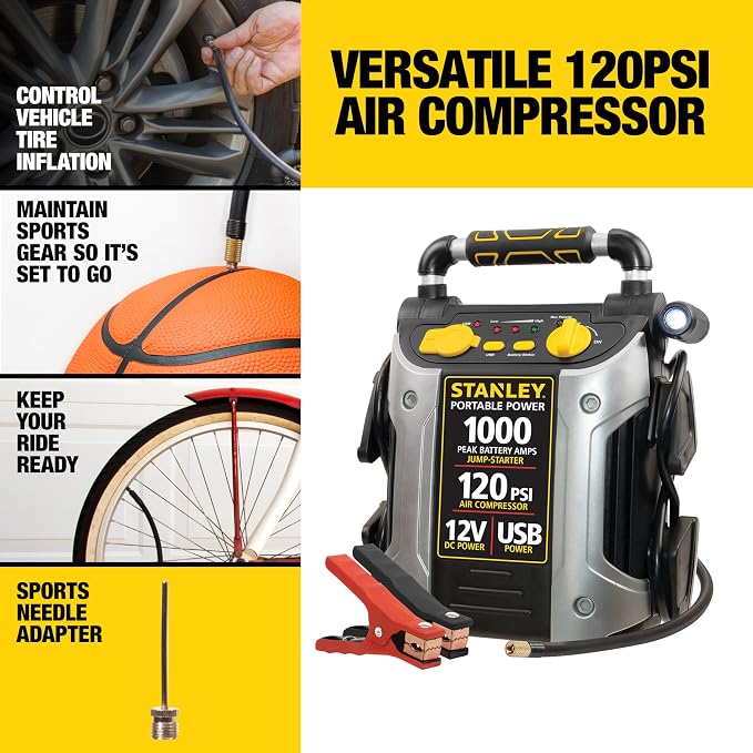 STANLEY J5C09 1000 Peak Amp Automotive Jump Starter, Portable Power – 2.1A/10W USB Port, 12V Outlet, 120 PSI Air Compressor for Tires, Bikes & Sports Equipment | Portable Power, 2.1A/10W USB Port, 12V Outlet, 120 PSI Air Compressor for Tires, Bikes & S...