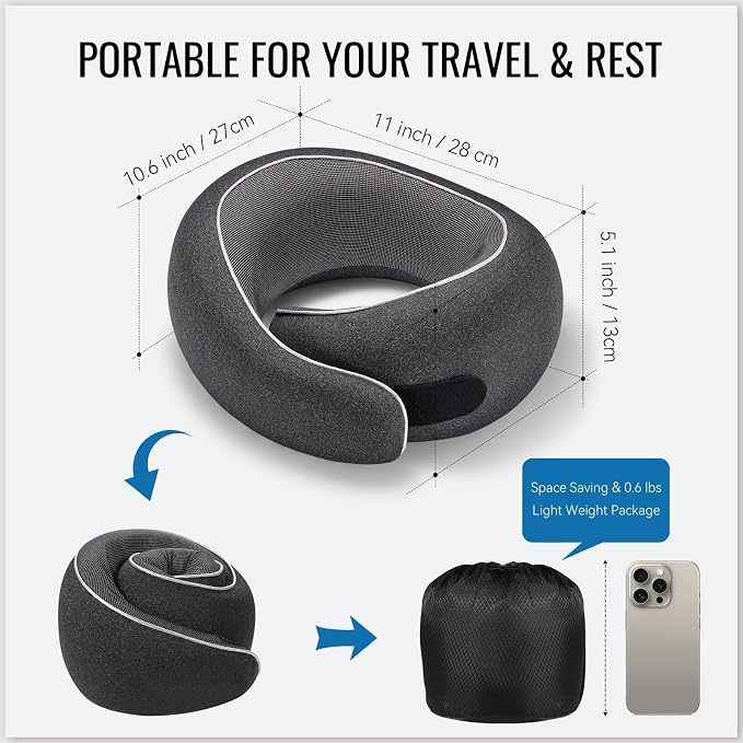 Travel Pillow, Memory Foam Neck Pillow with Ergonomic 360° Support, Travel Neck Pillow for Airplanes, Compact Design for Plane, Car & Office Travel Essentials, Max Black