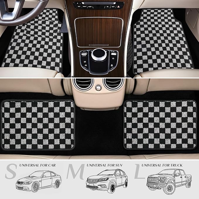 Plaid Car Floor Mats Set of 4,Checkered Plaid Pattern Vehicle Front Rear All Weather Carpets Mosaic Mats Rugs Non-Slip Auto Foot Mats Car Accessories Universal Fit for Car SUV Truck Van (Black White)