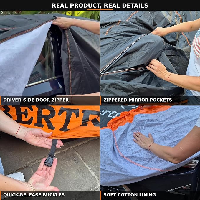 BERTRAND Heavy Duty Sedan Car Cover Waterproof All Weather - Snow, Rain & UV Outdoor Protection | Cotton-Lined, Up to 8-Point Anchoring + Door Zipper | XXL Sedans, Black-Orange (213x79, A4)