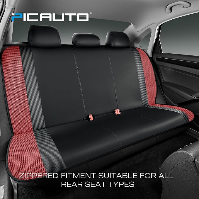 PIC AUTO Leather Car Seat Covers, Sports Carbon Fiber & Mesh Design, High-Back Full Set, Waterproof Automotive Seat Covers, Airbag Compatible, Universal Fit for Cars, SUVs, Trucks (Black & Red)