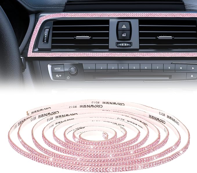 16.4Ft Bling Car Trim Self Adhesive Bling Rhinestone Car Accessories for Women Glitter Crystal Rhinestone Cars Interior Exterior Accessories Sticker DIY Cars Dashboard Diamond Decor for Women (Pink)