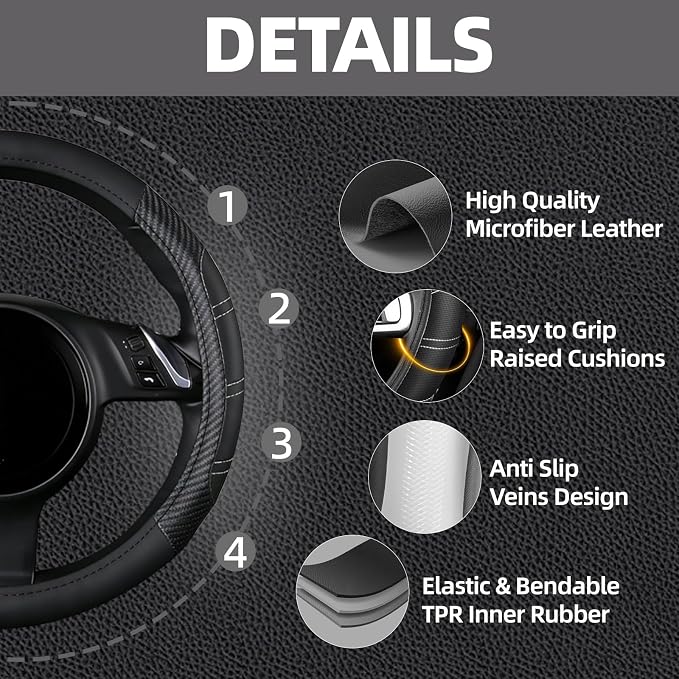NBTEPEM 6 Pcs Black Car Accessories Set, Sport Leather Steering Wheel Cover 14.5-15inch Universal, Car Center Console Cover, Seat Belt Cushion, Cup Holder Coaster (Black Carbon Fiber)