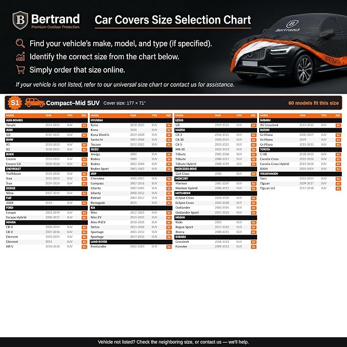 BERTRAND Heavy Duty SUV Car Cover Waterproof All Weather - Snow, Rain & UV Outdoor Protection | Cotton-Lined, Up to 8-Point Anchoring + Zipper Access | Compact-Mid SUVs, Black-Orange (177x71, S1)
