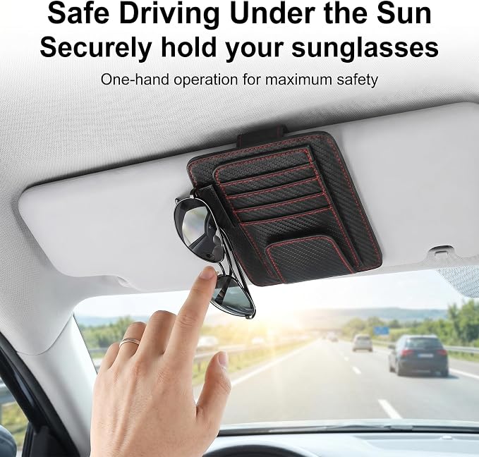 1 PC Car Sun Visor Organizer, Multifunctional Visor Storage with Card Slots and Pen Loop, for Sunglasses Documents and Cards, Universal for Most Cars, SUVs, Trucks (Black & Red)