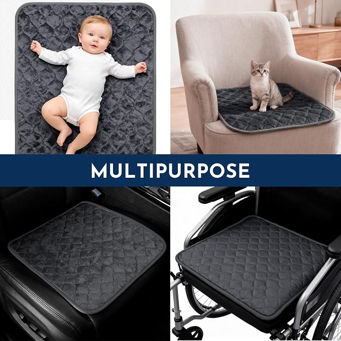Reusable Waterproof Incontinence Chair Pads (22" x 21") - Machine Washable Seat Protector - Chair Protector Seat Cover, Extra Heavy Absorbency, Seat, Car, Wheelchair & Recliner (Grey, 4 Pack)