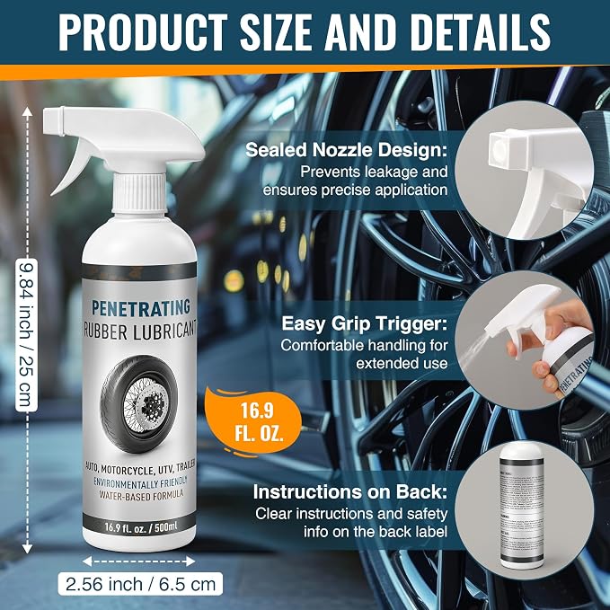16.9 oz Bottle Tire Mounting Rubber Lubricant, Tire Mounting and Demounting Lubricant for Enhanced Bead Seal & Rust Protection for Car, Truck, Motorcycle, UTV & Trailer, Ready to Use Spray
