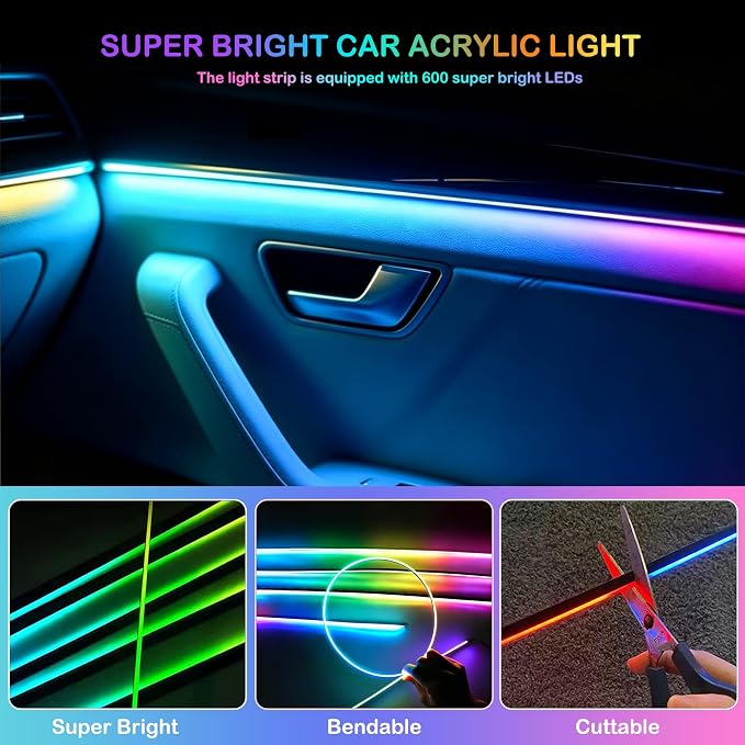 Interior Car LED Strip Lights with Wireless APP, Ambient Lighting Kits with Dynamic Dreamcolor Chasing, 16 Million Colors Acrylic LED Lights for Car, Sound Active Function Car Neon Lights (6 in 1)