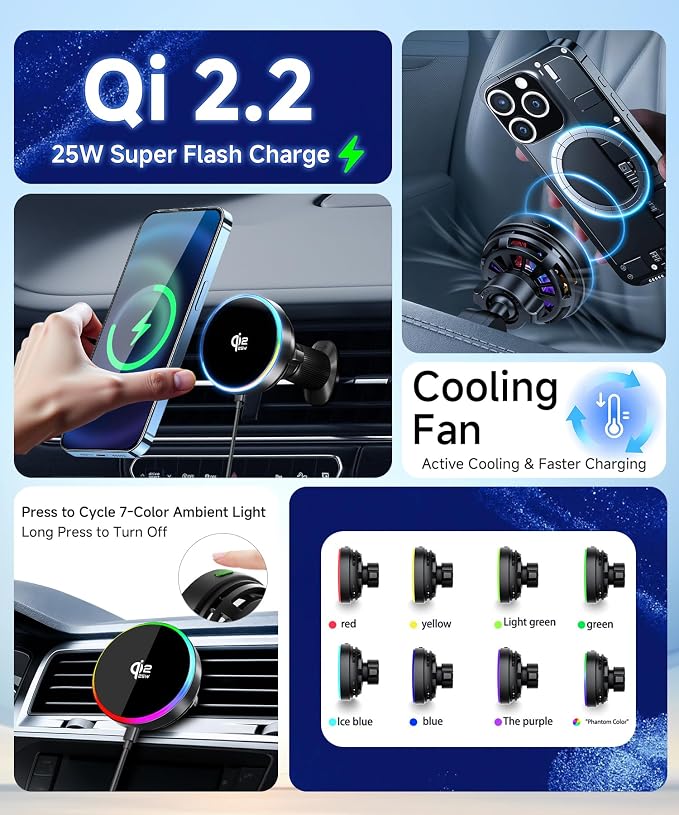 Qi2.2 25W Dual Cup Holder Car Charger with Phone Mount | Qi2.2 25W Dual Cup Holder Car Charger, MagSafe Compatible, Holds 2 Phones, Fits 4-7.2" Smartphones