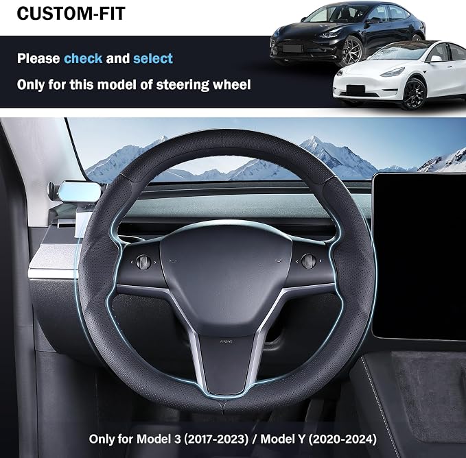 Steering Wheel Cover for Tesla Model 3 (2017-2023) / Model Y (2020-2024),Anti-Slip,Comfortable Grip, Breathable,Customized for Tesla Model 3/Y Accessories,Nappa Black
