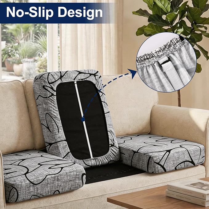 Smiry Waterproof Patio Cushion Covers, Stretch Outdoor Couch Slipcovers Replacement Washable Furniture Protector Sofa Chair Seat Cover for Dogs and Pets (4 Pcs, Grey and Black)