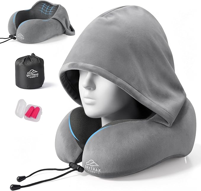 SkytraxComf® Travel Neck Pillow with Hood for Privacy on Long Flights | Memory Foam | Airplane Sleep | Safety-Tested Materials | Extra Large Hood | Chin Support | Earplugs | Washable Cover