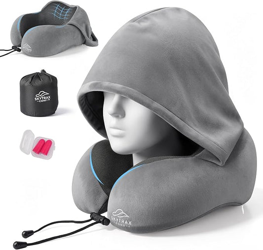 SkytraxComf® Travel Neck Pillow with Hood for Privacy on Long Flights | Memory Foam | Airplane Sleep | Safety-Tested Materials | Extra Large Hood | Chin Support | Earplugs | Washable Cover