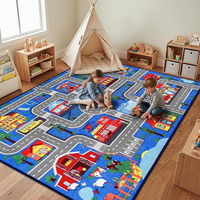 Kids Carpet Playmat Rug 110.2"x78.7", Car Rug for Kids Cars, Non-Slip Town City Road Map Kids Rugs for Playroom Bedroom Boys, Cars Play Mat Track Road Rugs for Kid (Blue, 110.2X78.7 INCH)