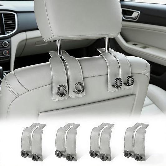 Car Headrest Hooks Universal Car Purse Hook Premium Leather and Alloy Twin Hook Car Seat Back Storage Hanger Hook for Purse Bags Cloth Drink Durable Holder Car Accessories (BH09-Grey-Black-4 Pack)