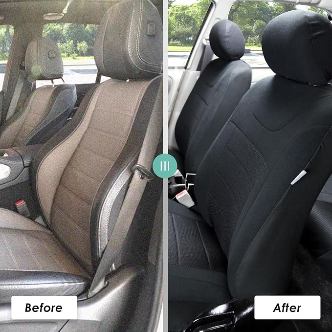 FH Group Car Seat Covers Sports Fabric Three Row Set Black Automotive Seat Covers, Airbag and Split Rear Car Seat Cover Universal Fit Interior Accessories for Cars Trucks and SUV Car Accessories