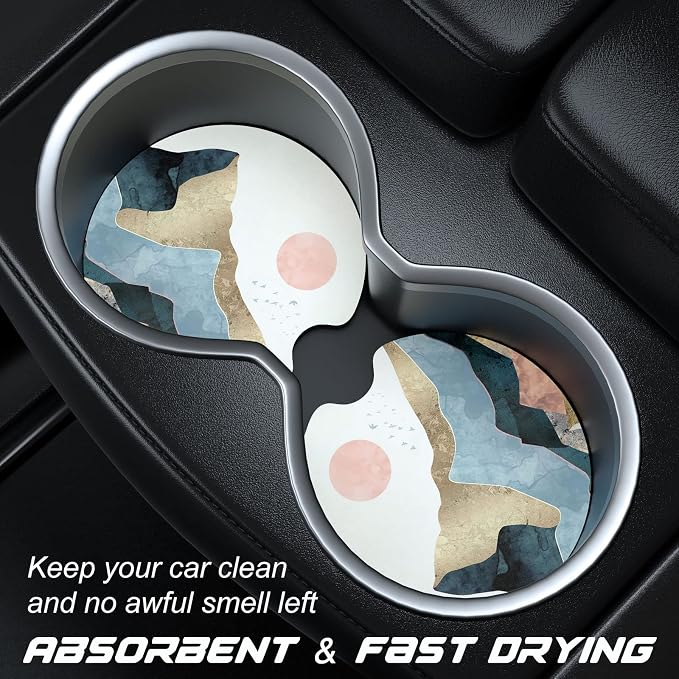 Aiawoxc Car Cup Holder Coasters, 2 Pack Universal Auto Anti Slip Insert Coaster with A Finger Notch, Cute Car Assecories for Women Men, Cup Mat for Most Interior, Watercolor Sunrise