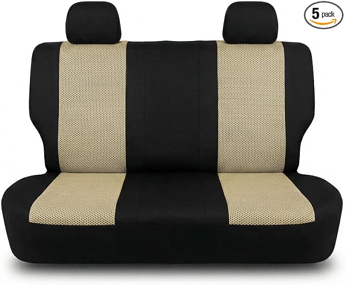 FH Group Automotive Rear Car Seat Covers for SUV, Trucks, Sedan and More - Universal Fit Rear Solid Bench Design Interior Accessories - 3D Mesh Fabric Center Panel - Beige