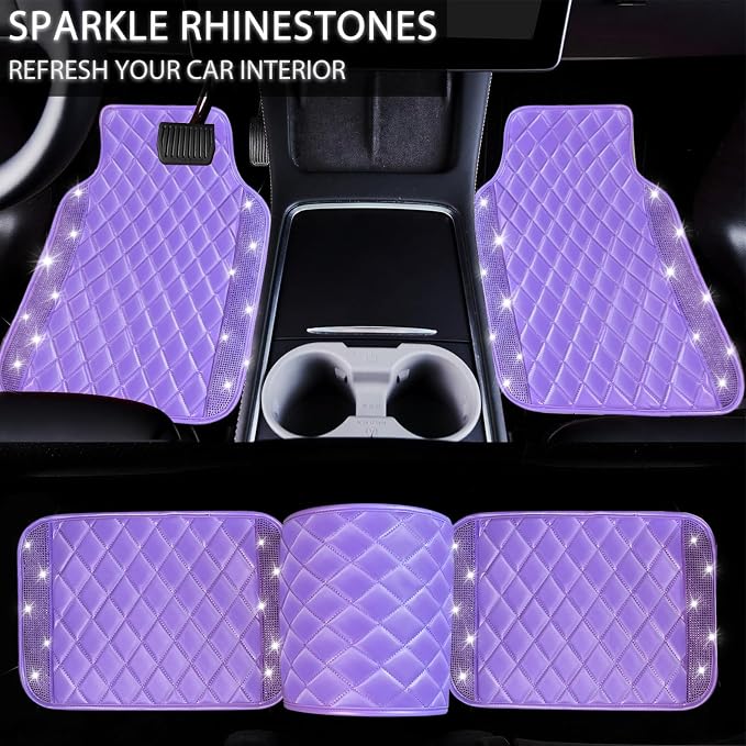 NBTEPEM Bling Leather Car Floor Mats Full Set, Sparkly Diamond Car Mats Universal Fit Most Automotive, Glitter Rhinestone Carpet Waterproof Anti-Slip (Purple Leather Diamond)