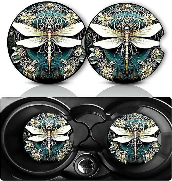 2 Pack Dragonfly Car Cup Holder Coasters Neoprene Anti Slip Rubber Mat | Dragonflys Car Accessories Interior Decor 2.75" Universal Size Insert Auto Coasters Dragonfly Gifts for Women Men