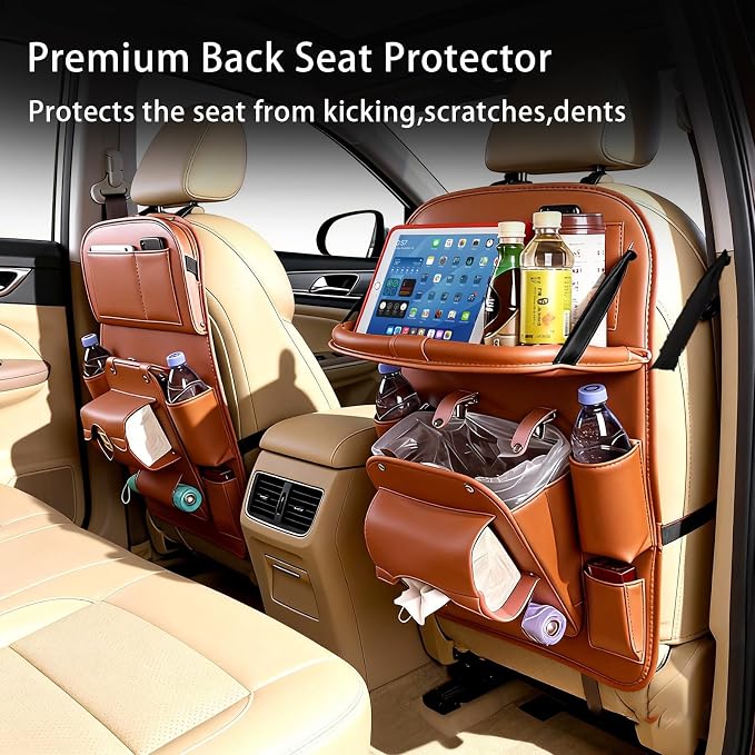 Car Backseat Organizer with Foldable Table Tray, PU Leather Seat Back Organizer with Trash Bin, Tablet Holder, Kick Mat Protector, Back Seat Storage for Cars, Brown