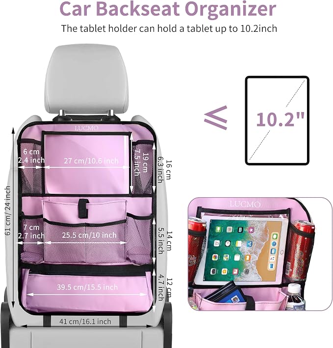 LUCMO Car Backseat Organizer with Touch Screen Tablet Holder, Pink | 2 Pcs,9 Storage Pockets,Clear Tablet Holder,Protectors Kick Mats,Travel Accessories,Seat Cover,Road Trip Essentials