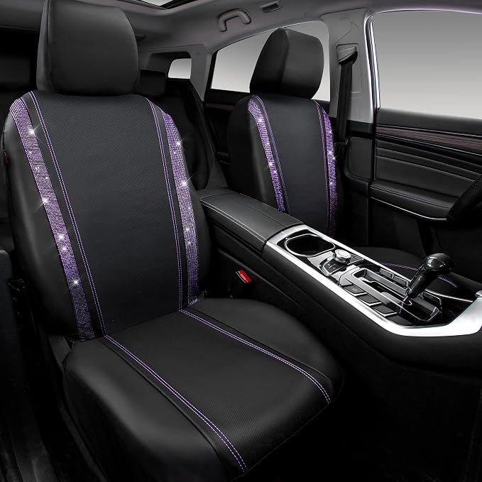 CAR PASS Leather Diamond Bling Car Seat Cover 2 Front Interior Sets, Waterproof Universal Shining Glitter Crystal Sparkle Fit for 95% Automotive Truck SUV Cute Women Girl, Black Purple Rhinestone