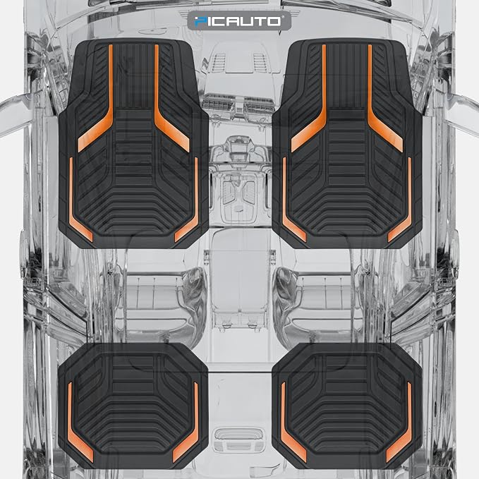 PIC AUTO Heavy Duty Rubber Floor Mats, Orange Aluminum Film Car Mats Set, Front and Rear Car Mats with Anti-Slip Backing, All Weather Protection, Trim-to-Fit for Automotive SUV, Sedan, Van