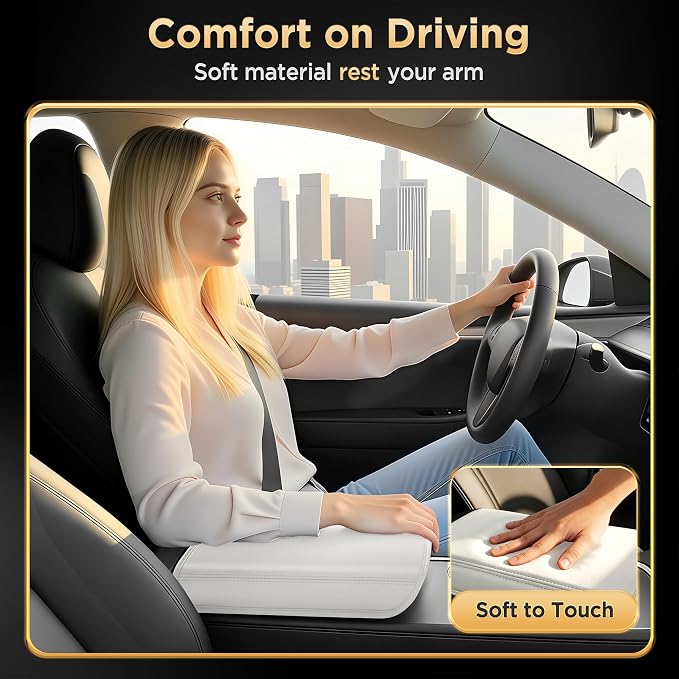 for Tesla Model Y (2020-2024) & Model 3(2021-2023) Leather Center Console Cover [Soft Touch & Match Seat Color] Armrest Cover for Tesla Model 3 & Model Y Accessories White