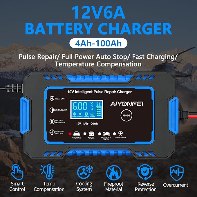 12V 6-Amp Battery Charger, Smart Trickle Charger & Maintainer Blue | Battery Desulfator, Winter & Summer Mode, Lead-acid Battery Chargers, for Car Truck Motorcycle Lawn Mower Boat
