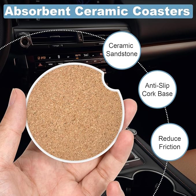 Car Cup Holder Coaster Set of 2, 2.56 in Ceramic Coasters, Scratch-Resistant Cork Backing, Finger Groove Design for Easy Placement, Cute Car Accessories Interior for Women (Red Fox)