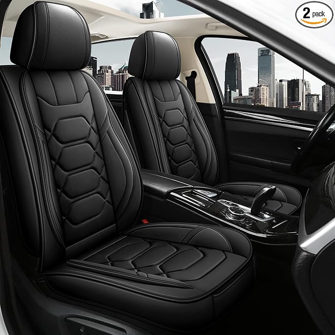 Pariitadin Leather Car Seat Covers Front Pair, Waterproof Faux Leather Seat Covers for Cars, Non-Slip Car Interior Covers Universal Fit for Most Cars Sedans Trucks SUVs, Black