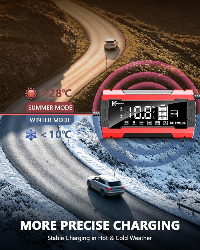 12V 10A Smart Battery Charger for Car and Motorcycle Battery Maintainer & Trickle Charger with Pulse Repair LCD Display Temperature Compensation for AGM Gel SLA Deep Cycle Lead Acid Batteries