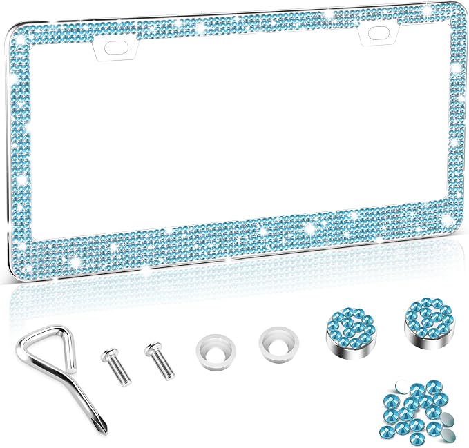 Amiss Bling License Plate Frame for Women, 1Pack Rhinestone Handcrafted Crystal Premium Stainless Steel, Stainless Steel Car Decorative Accessories with Diamond Sparkle Glitter Caps (Blue)