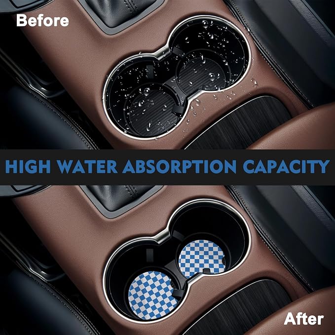 2 Pack Car Coasters for Cup Holders, Absorbent Ceramic Cup Coaster with Cork Base and Finger Notch, Cute Car Accessories Interior for Women Men (Grid-Blue)
