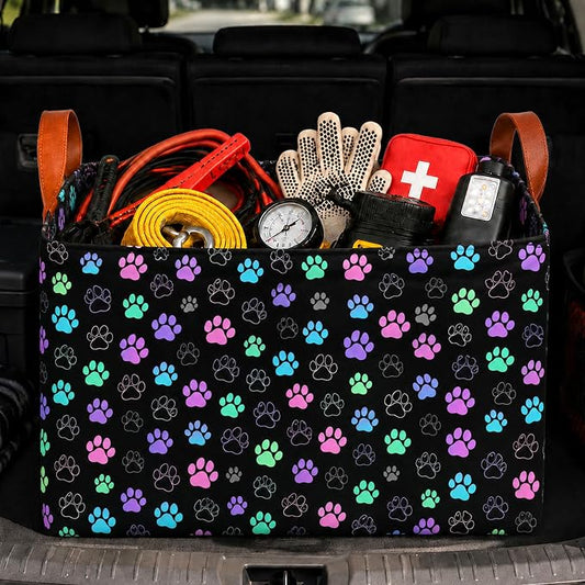 Dog Paw Car Trunk Organizer 20L Fold Auto Storage Basket with Handles | Waterproof Reusable Shopping Grocery Bags for SUV Truck, Paw Print Cars Boot Organizer Gifts for Women Men Drivers