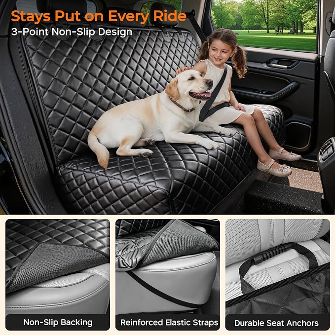 URPOWER PU Leather Dog Car Seat Cover for Back Seat, Waterproof Non-Slip Bench Seat Protector for Dogs, Easy-Clean Scratch-Resistant Pet Seat Cover for Large Sedans & Large SUVs