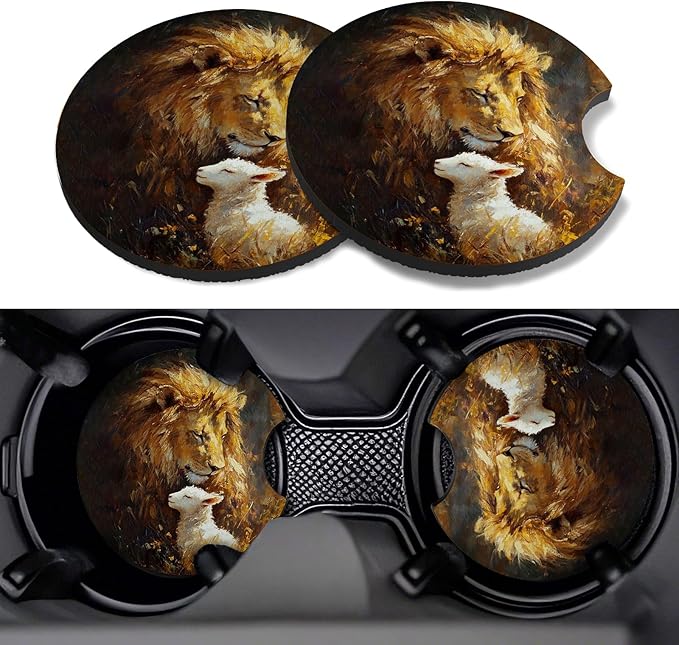 Car Cup Coasters,2 Pack Car Coaster,2.75inch Anti Slip and Absorbent Cars Coasters for Cup Holders,Neopren Accessories for Women,Cute Decor for Women (Lion)