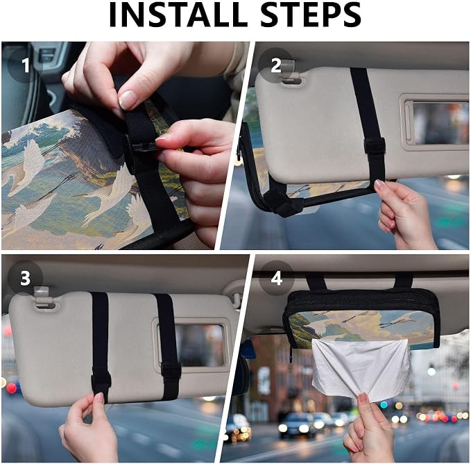 White Egret Fly Coastline Car Tissue Holder Durable Napkin Holder Hanging Tissue Holders Case Car Tissues Bag for Sun Visor Seat Back Universal Auto