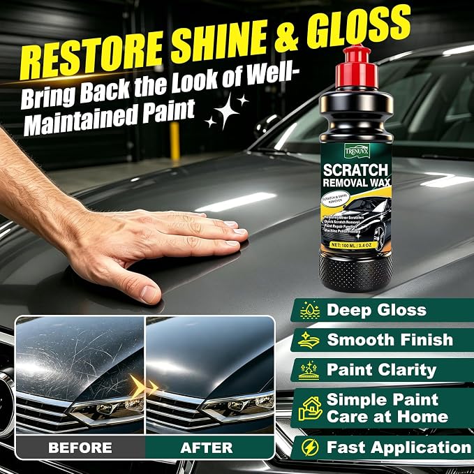 Car Scratch Remover for Vehicles, Car Scratch Repair Kit with Scratch Removal Wax, Rubbing Compound & Polishing Pad, Removes Light Scratches and Swirl Marks, Restores Car Paint Finish, 3.4oz/100ml