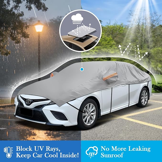 Half Car Cover for Sedan M, Winter Windshield & Roof Snow Cover with Cotton Liner, Waterproof Half Top Cover Protects from Snow, Ice, Frost, Sun and Dust, Fits Most Medium Size Sedans